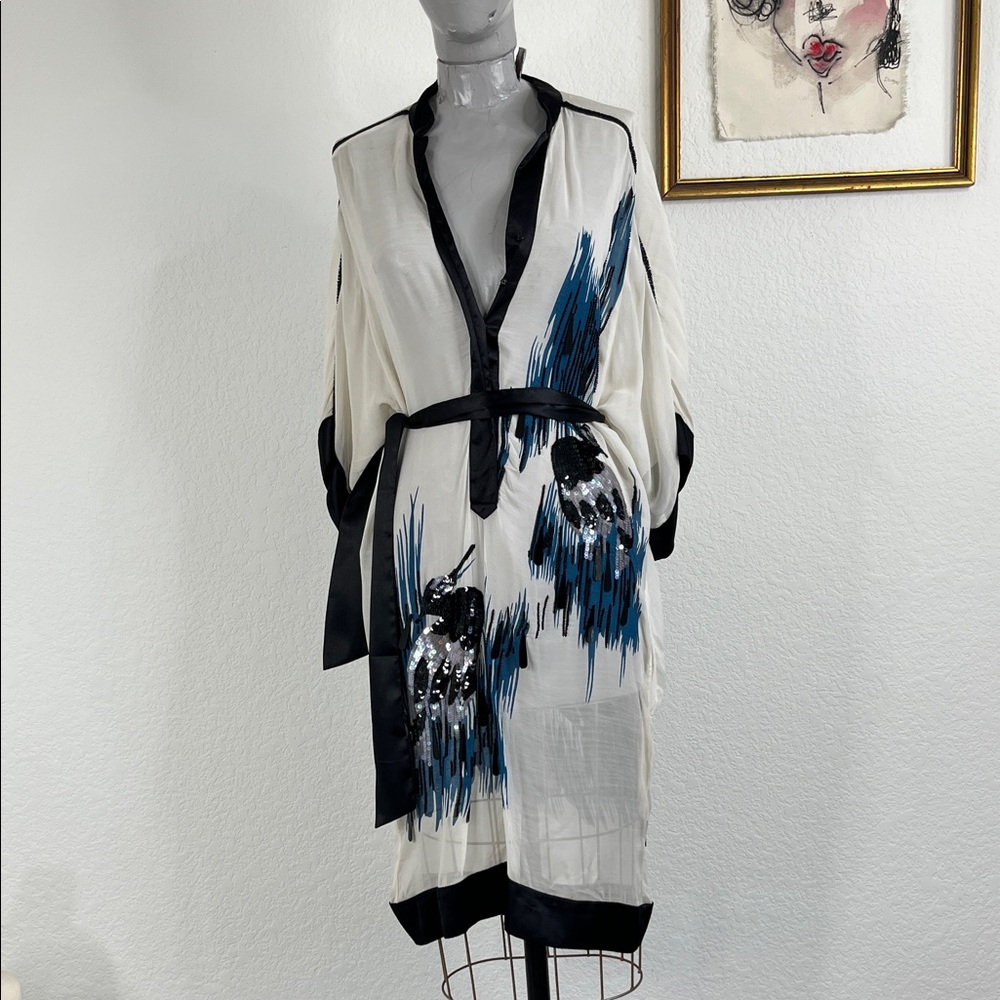 French Connection Sequin Sheer Heron Caftan V Neck Batwing Kimono Sleeve Dress